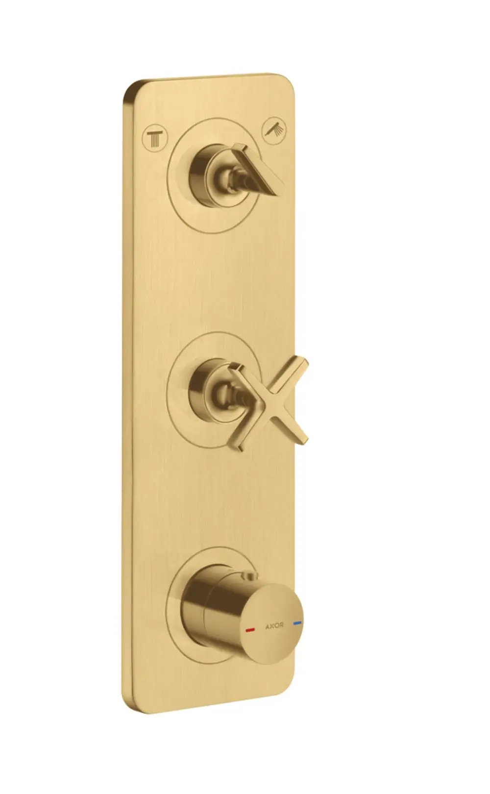 Thermostatmodul aus gebürstetem Gold mit drei Bedienelementen von AXOR, zur Steuerung von zwei Verbrauchern, montiert auf einer rechteckigen Platte.